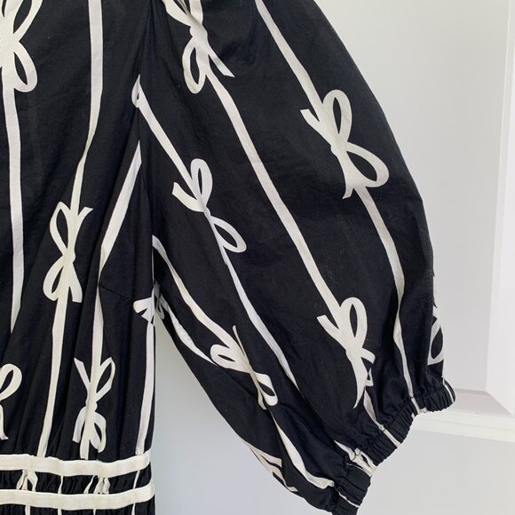 Umgee Womens Bow Tie Print Notched Contrast Velvet Trim Dress Ruffle Cotton Sz L - Picture 8 of 14